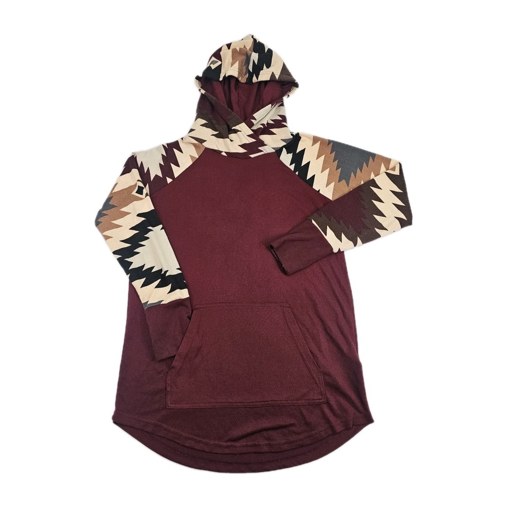 Lularoe Tribal Aztec Pullover Hoodie Small Womens Burgundy Tan Blue Brown